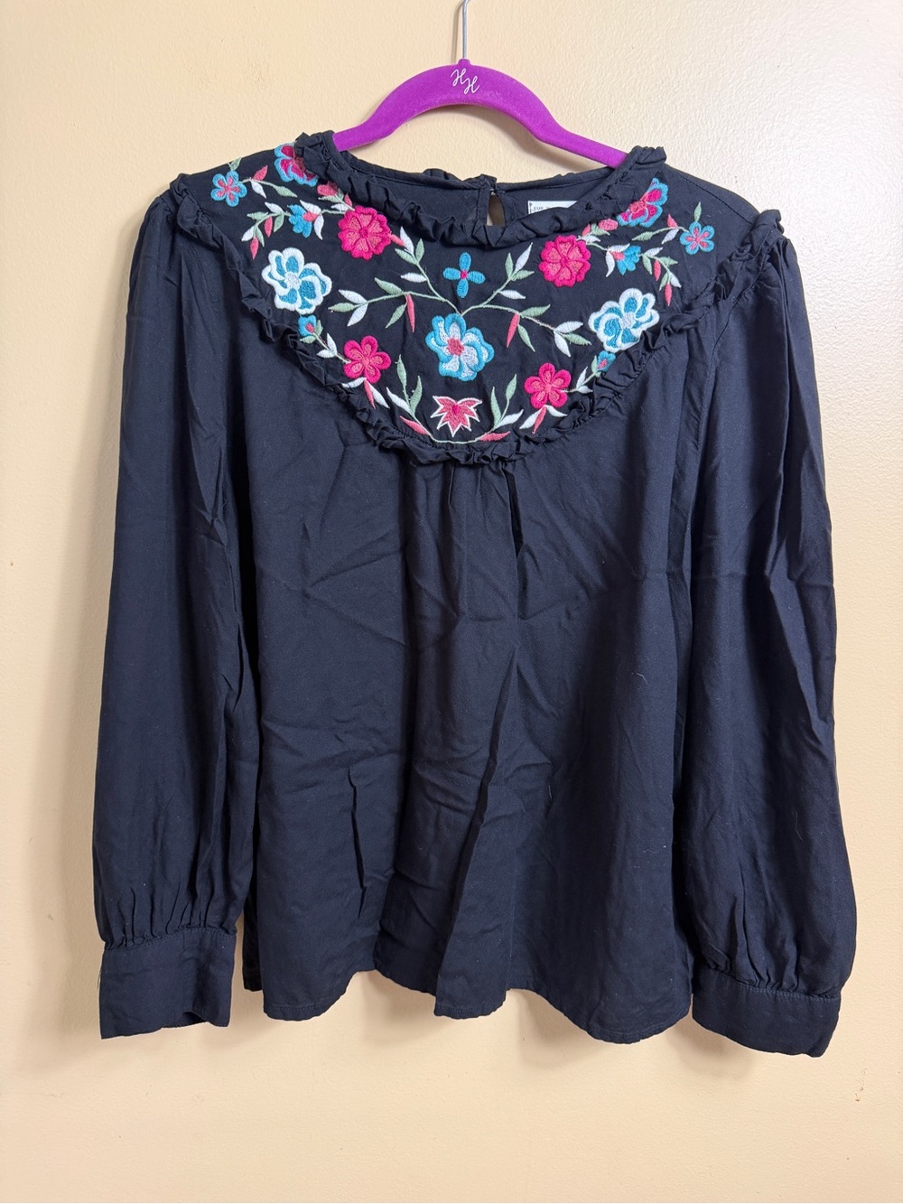 Sfera basics black embroidered long sleeve blouse, XL
